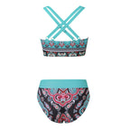 Blue Printed High-Waisted Two-Piece Bikini Set with Textured Pattern, V-Neck Top and Coordinated Swim Bottom