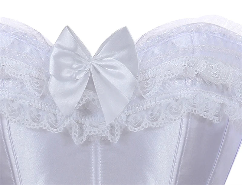 Luminous White Satin Overbust Corset with Ruffled Lace Trim and Bow Detailing