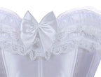 Luminous White Satin Overbust Corset with Ruffled Lace Trim and Bow Detailing