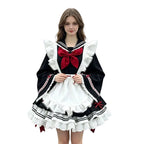 Classic Long-Sleeve Sailor Maid Dress with Ruffled Apron and Crimson Bow