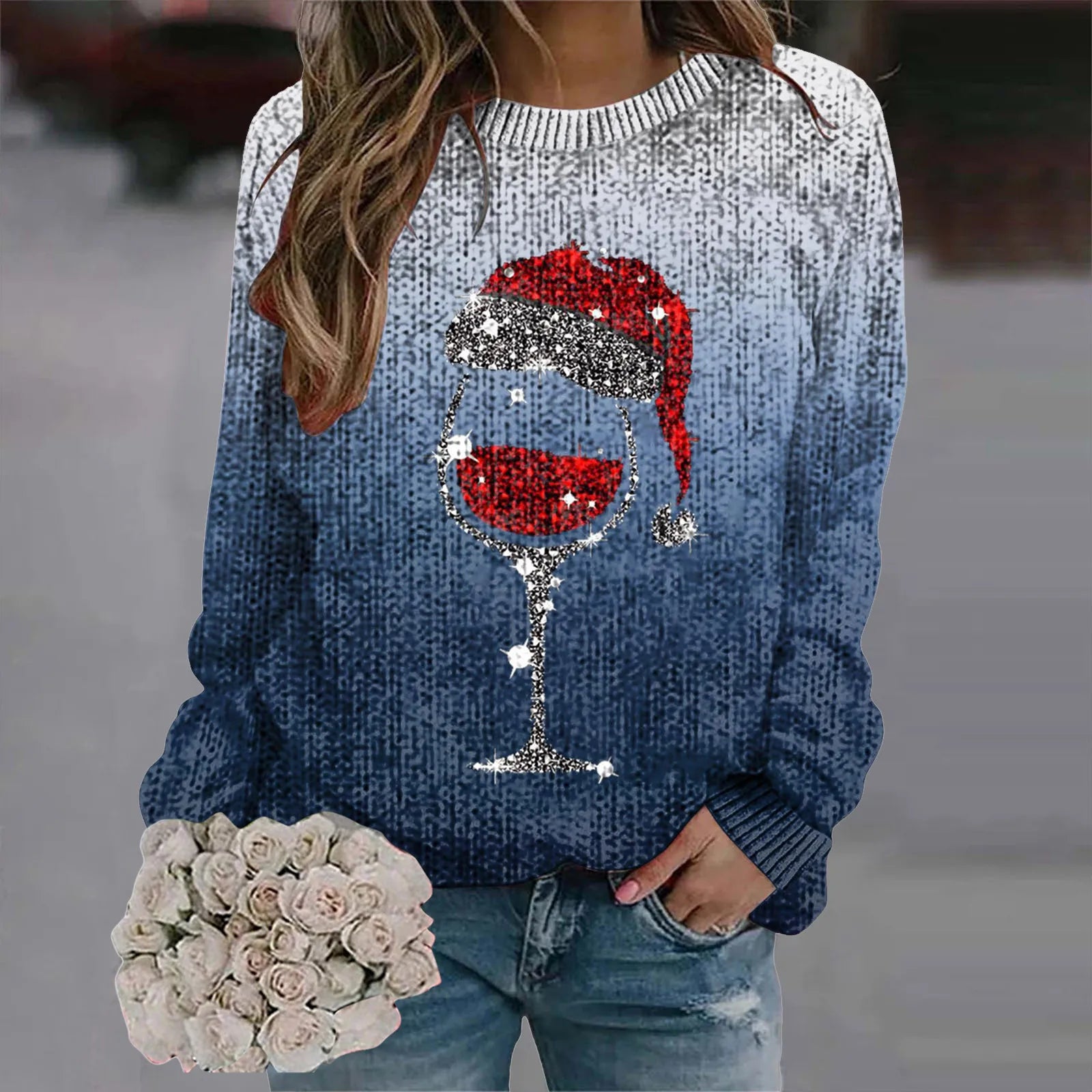 Women's Festive Graphic Crew Neck Thick Knit Pullover Sweater With Relaxed Fit
