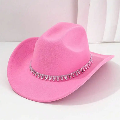 Women's Felt Western Cowboy Hat with Decorative Chain Detail for Casual Statement Style
