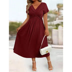 Flowing V Neck Midi Dress With Soft Draped Silhouette
