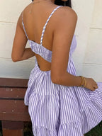 Striped Camisole Tiered Mini Dress With Square Neck And Flowy A-Line Fit