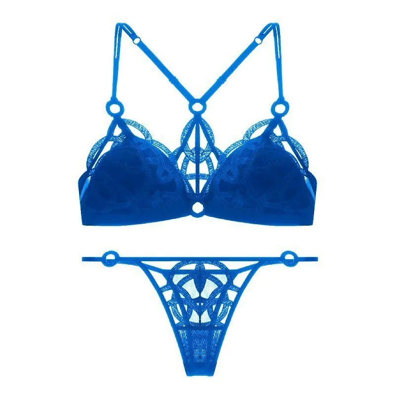 Edgy Black Geometric Strappy Wire-Free Bra and Thong Set