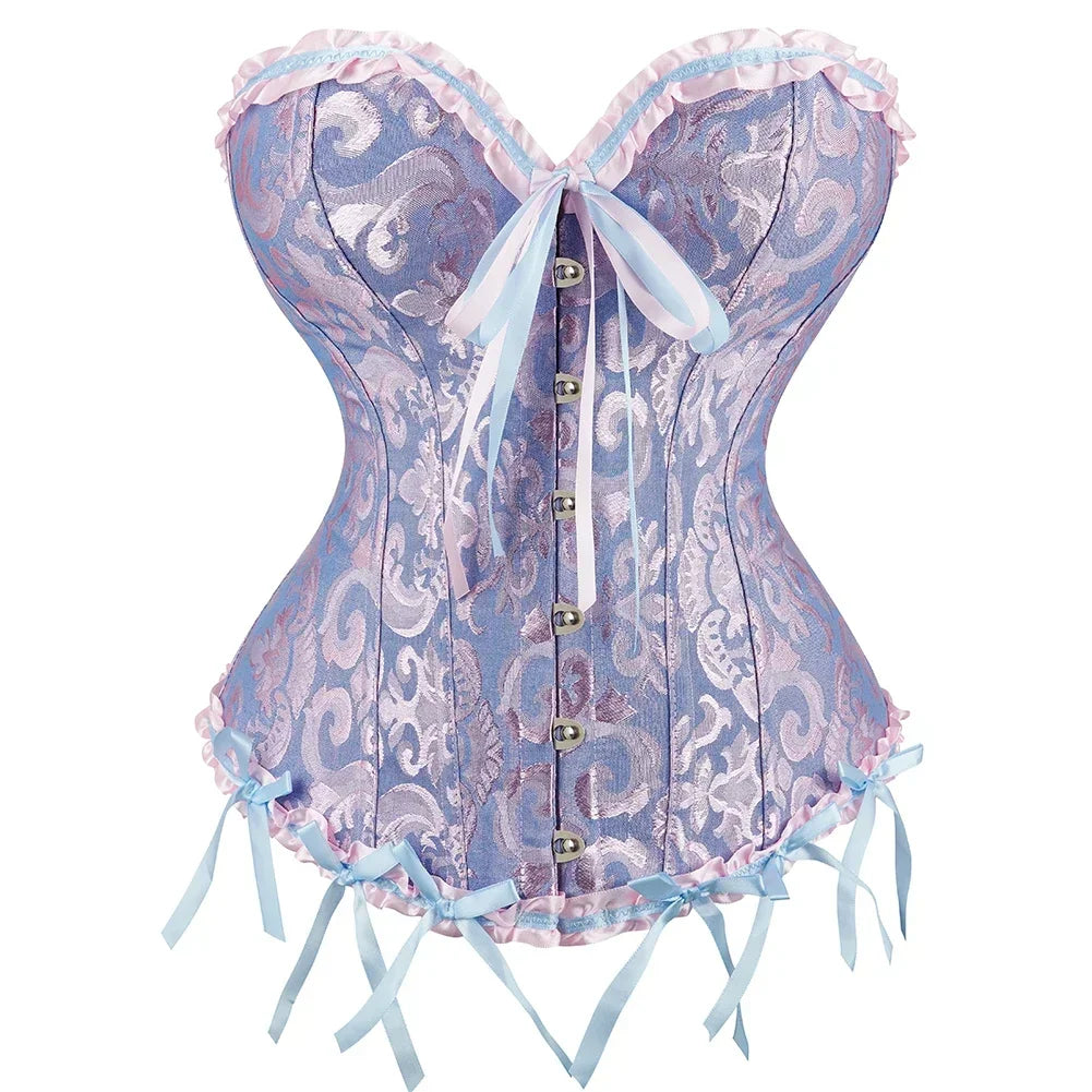 Vintage Floral Jacquard Corset Top with Sweetheart Neckline and Lace-Up Detail