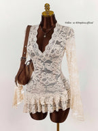 Sheer Lace Mini Dress with V-Neckline and Flared Sleeve Party Style