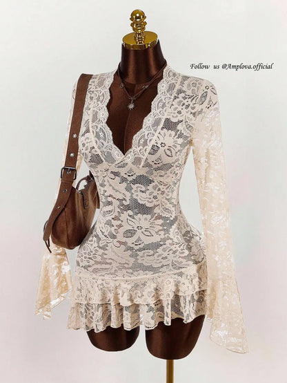 Sheer Lace Mini Dress with V-Neckline and Flared Sleeve Party Style