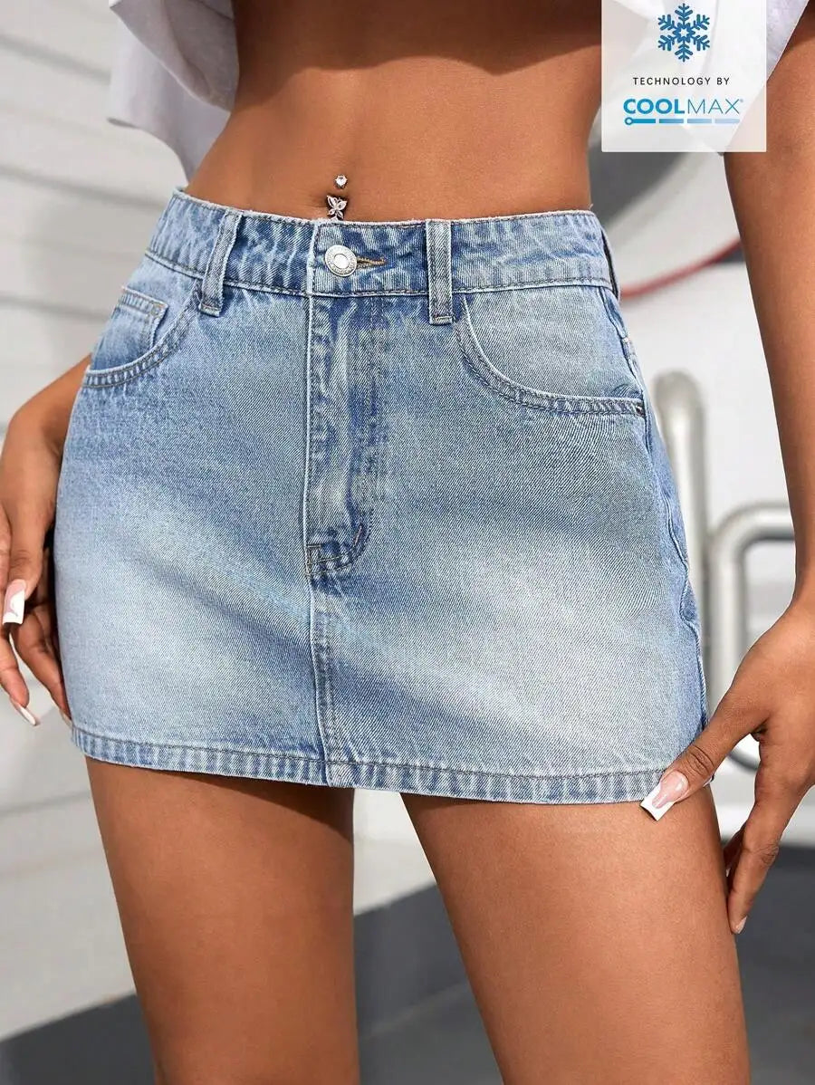 High Rise Acid Wash Denim Mini Skirt with Streamlined Y2K Silhouette