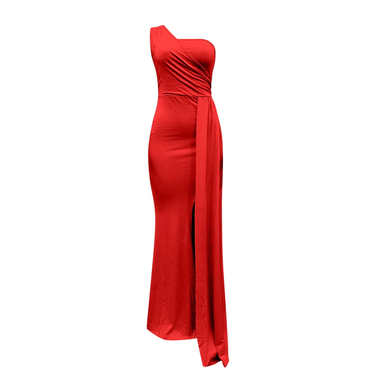 Vibrant Yellow One-Shoulder Evening Gown with Ruched Bodice and High Slit