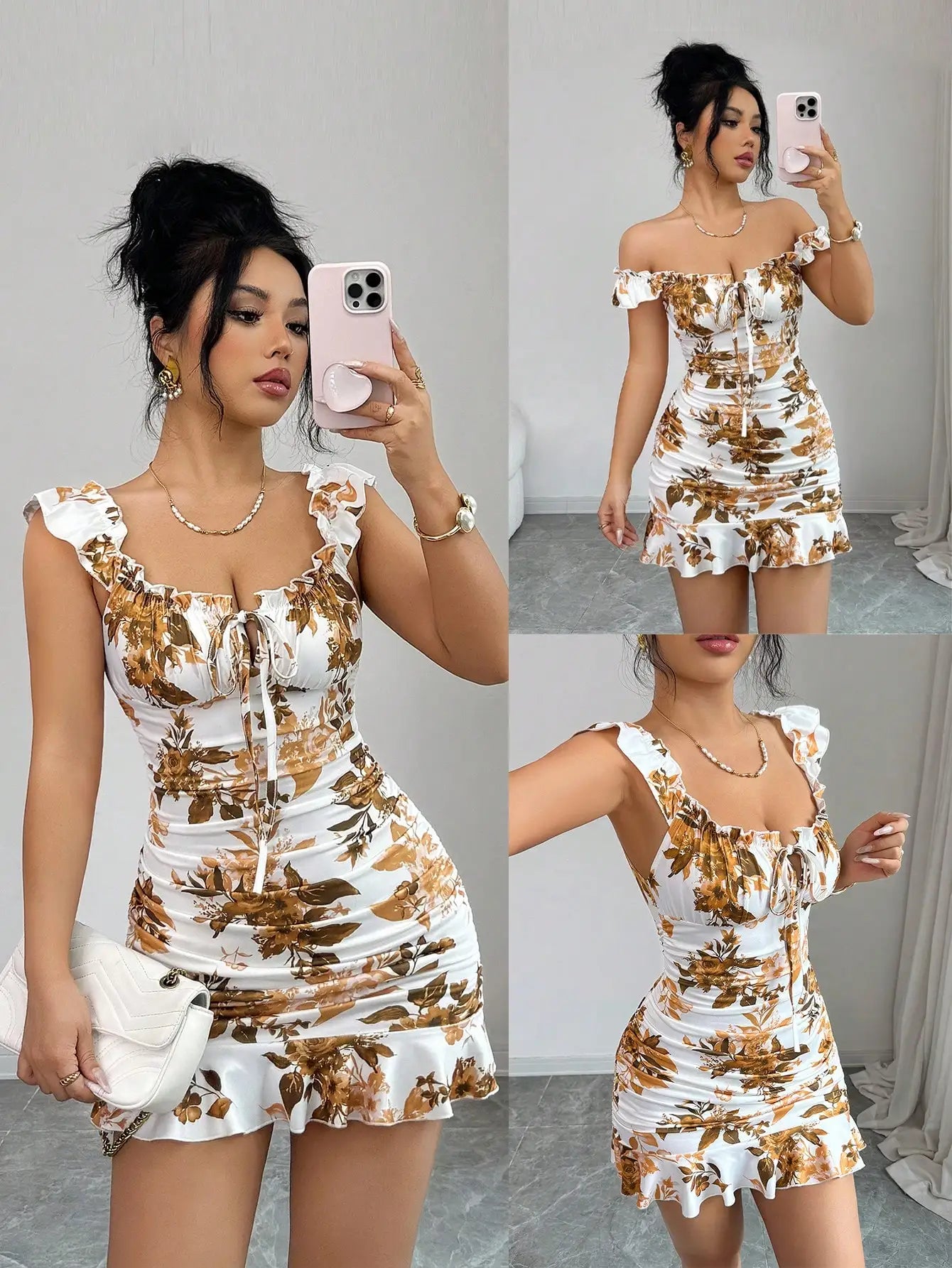 Off Shoulder Ruffle Mini Dress with Smocked Waist and Flared Hem