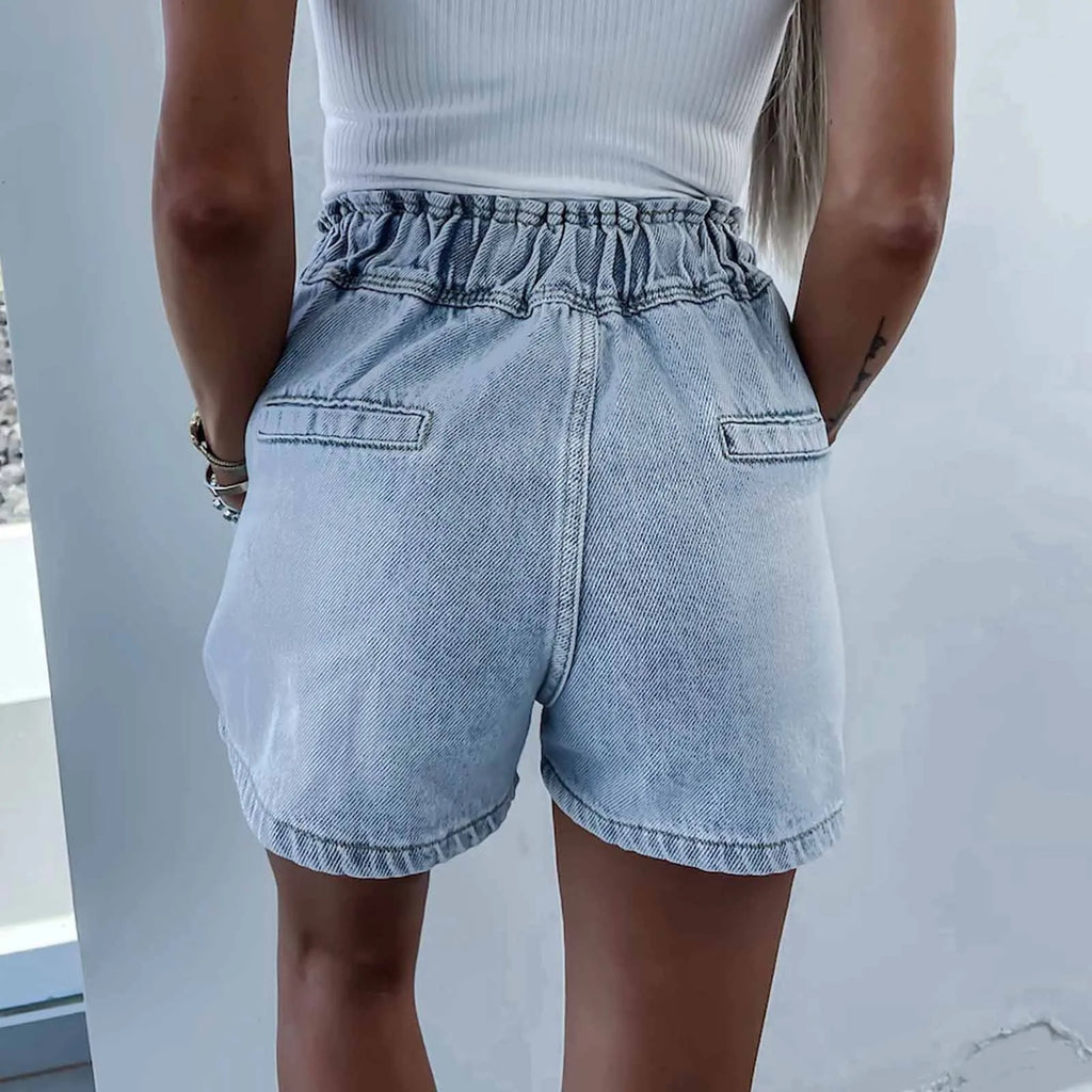 Women's High Waist Denim Style Shorts with Drawstring Waist and Decorative Stud Pocket Details