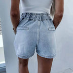 Women's High Waist Denim Style Shorts with Drawstring Waist and Decorative Stud Pocket Details