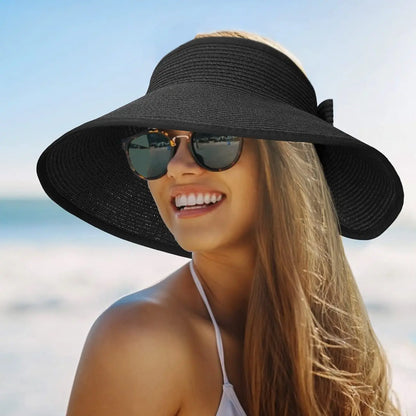 Foldable Wide Brim Straw Visor Hat with Open Top Design for Beach and Summer Travel