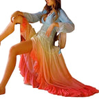 Gradient Bohemian Maxi Dress with V Neck and Tassel Sleeve Details