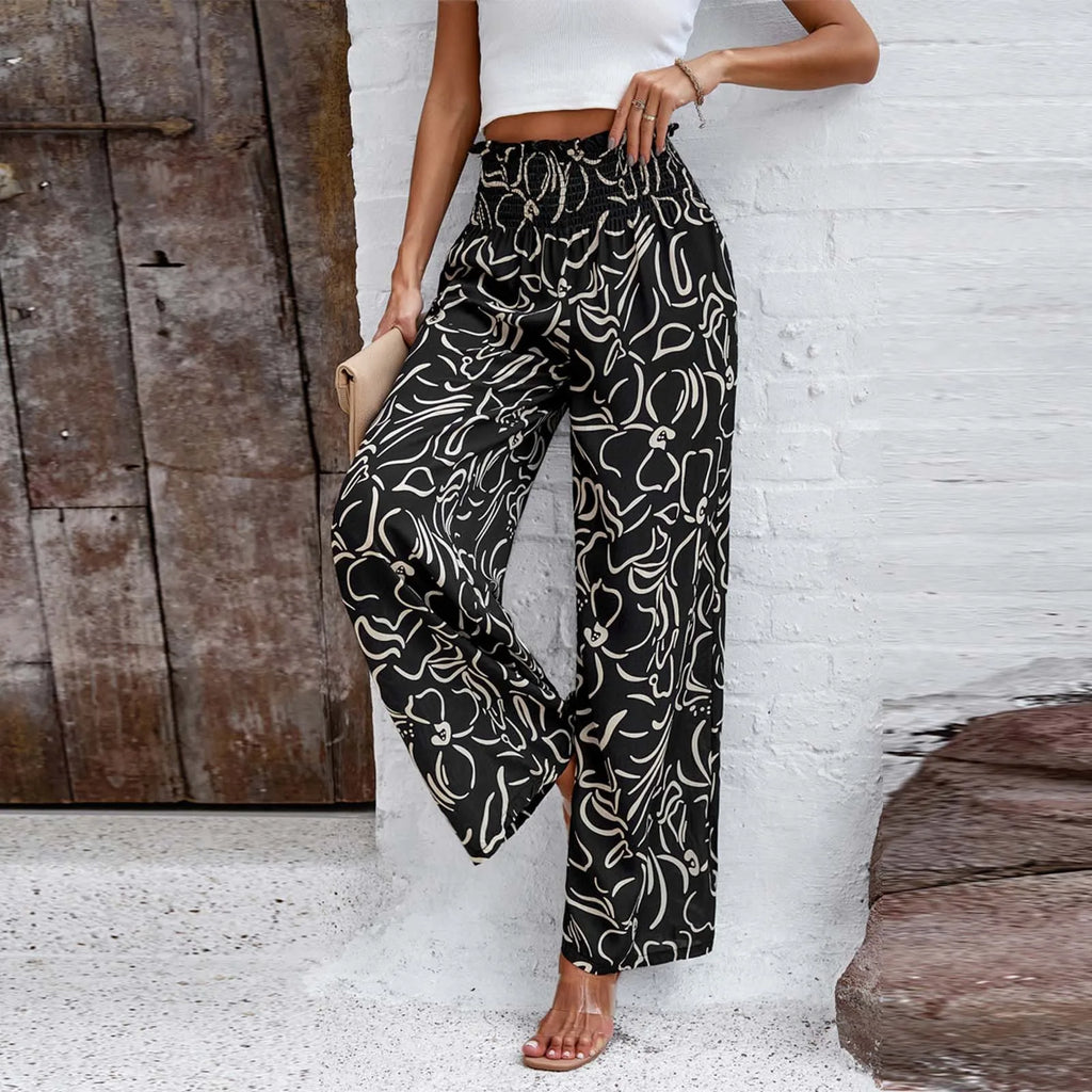 Women's High Waist Wide Leg Printed Casual Trousers with Relaxed Everyday Fit