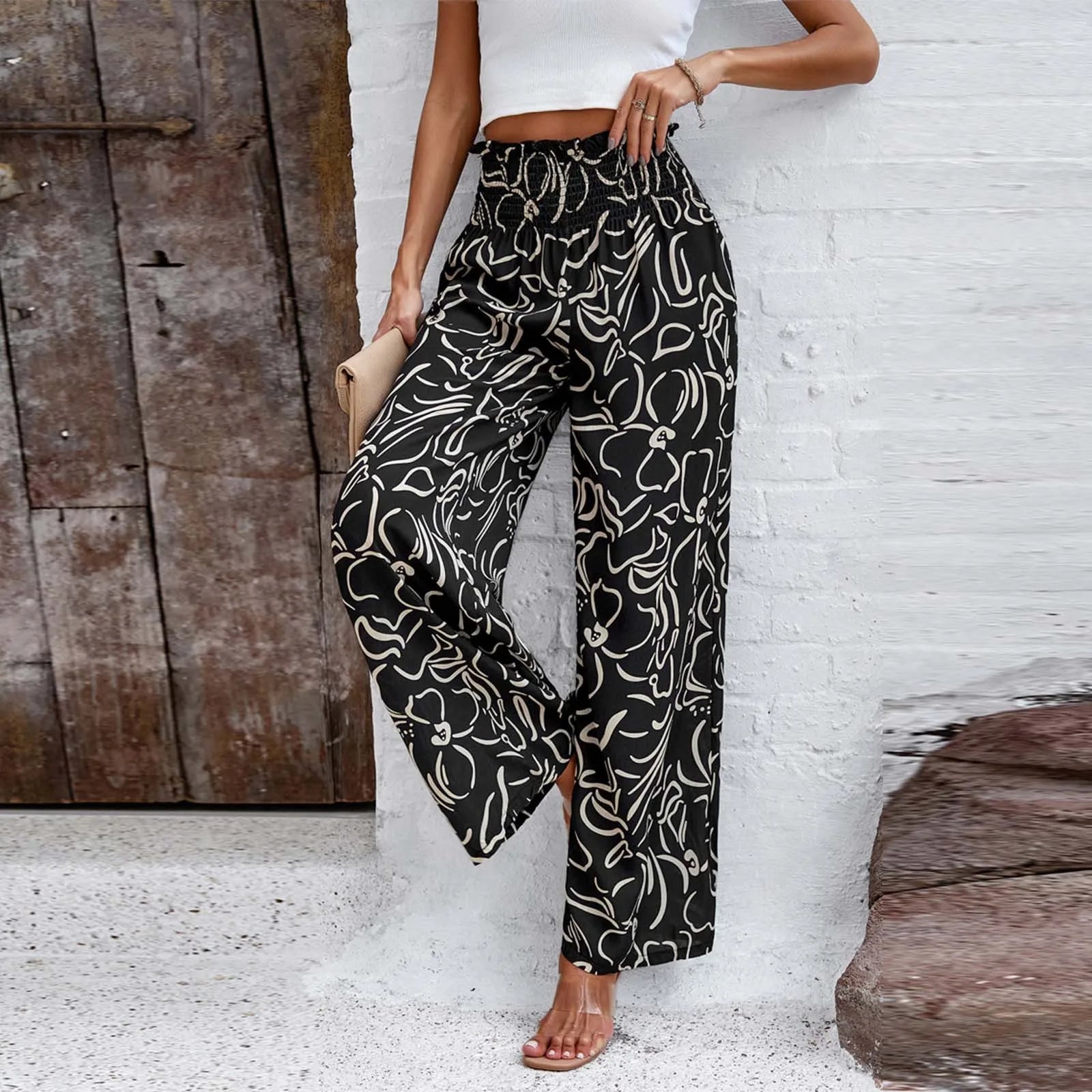 Women's High Waist Wide Leg Printed Casual Trousers with Relaxed Everyday Fit