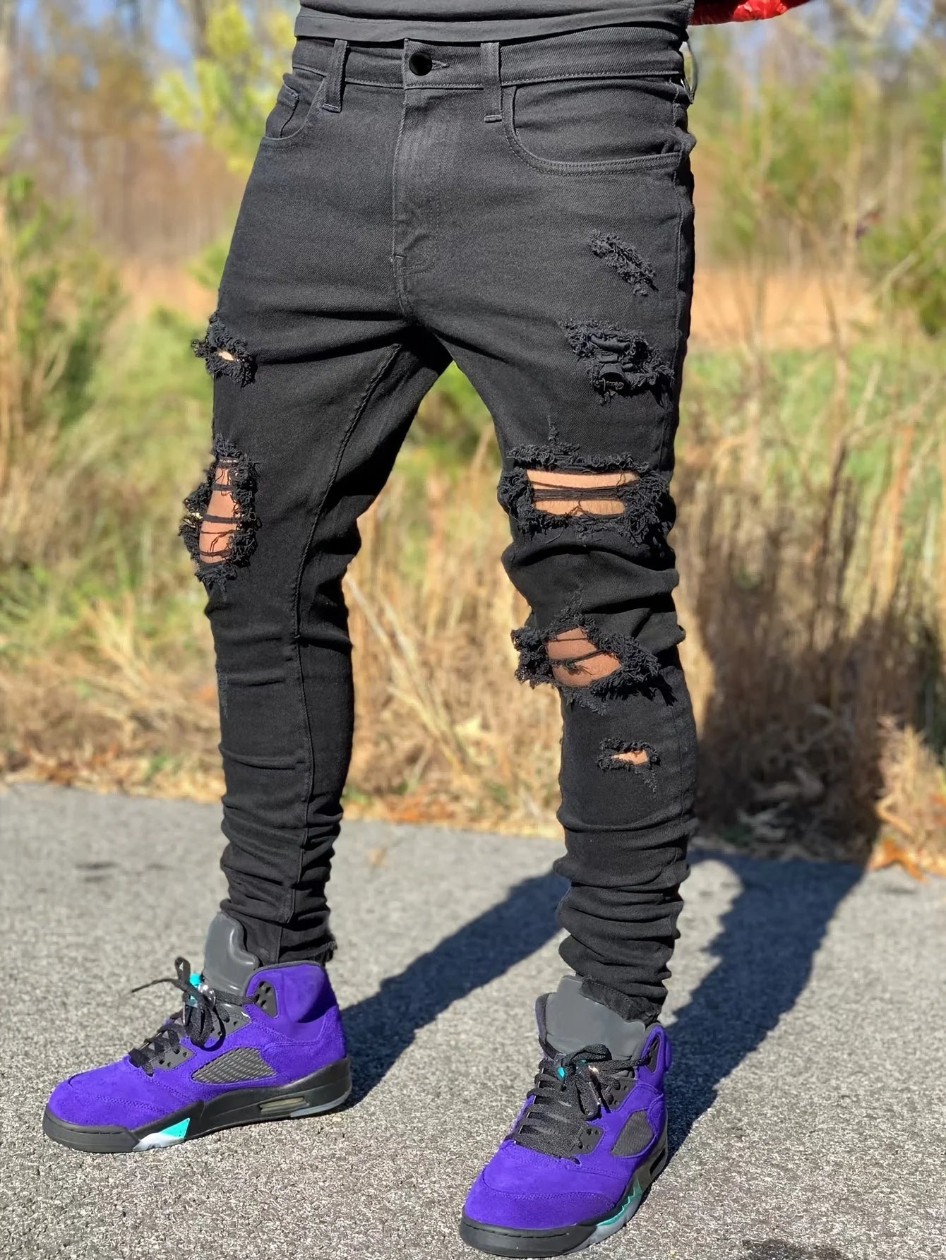 Men's Distressed Skinny Denim Jeans with Ripped Details and Stretch Streetwear Fit