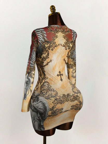 Mesh Panel Gothic Bodycon Dress with Edgy Streetwear Style