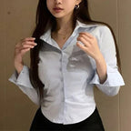 Tailored Slim-Fit White Button-Down Blouse with Curved Hemline