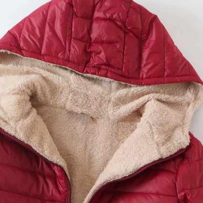 Women's Hooded Quilted Fleece Lined Zip Jacket for Warm Everyday Streetwear Layering