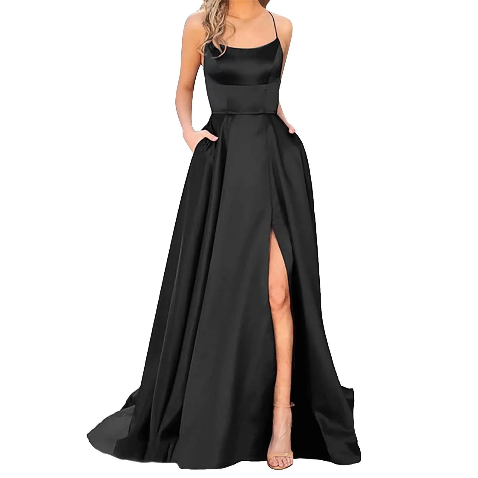 Spaghetti Strap Maxi Dress with Open Back Design and Side Slit Detail