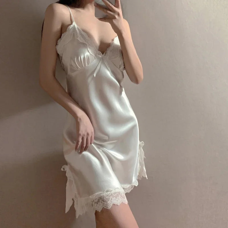 Women's Satin-Look Lace V-Neck Nightgown, Sleeveless Knee-Length Slip Dress with Delicate Lace Trim and Lightweight Summer Design