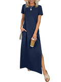 Relaxed Crew Neck Maxi Dress with Side Slits and Functional Pockets