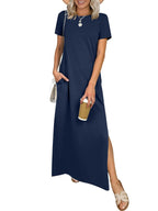 Relaxed Crew Neck Maxi Dress with Side Slits and Functional Pockets