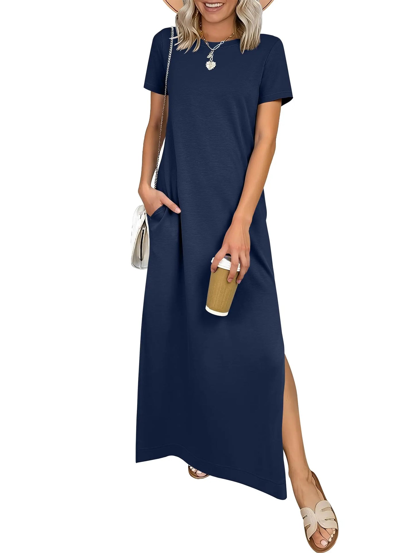 Relaxed Crew Neck Maxi Dress with Side Slits and Functional Pockets