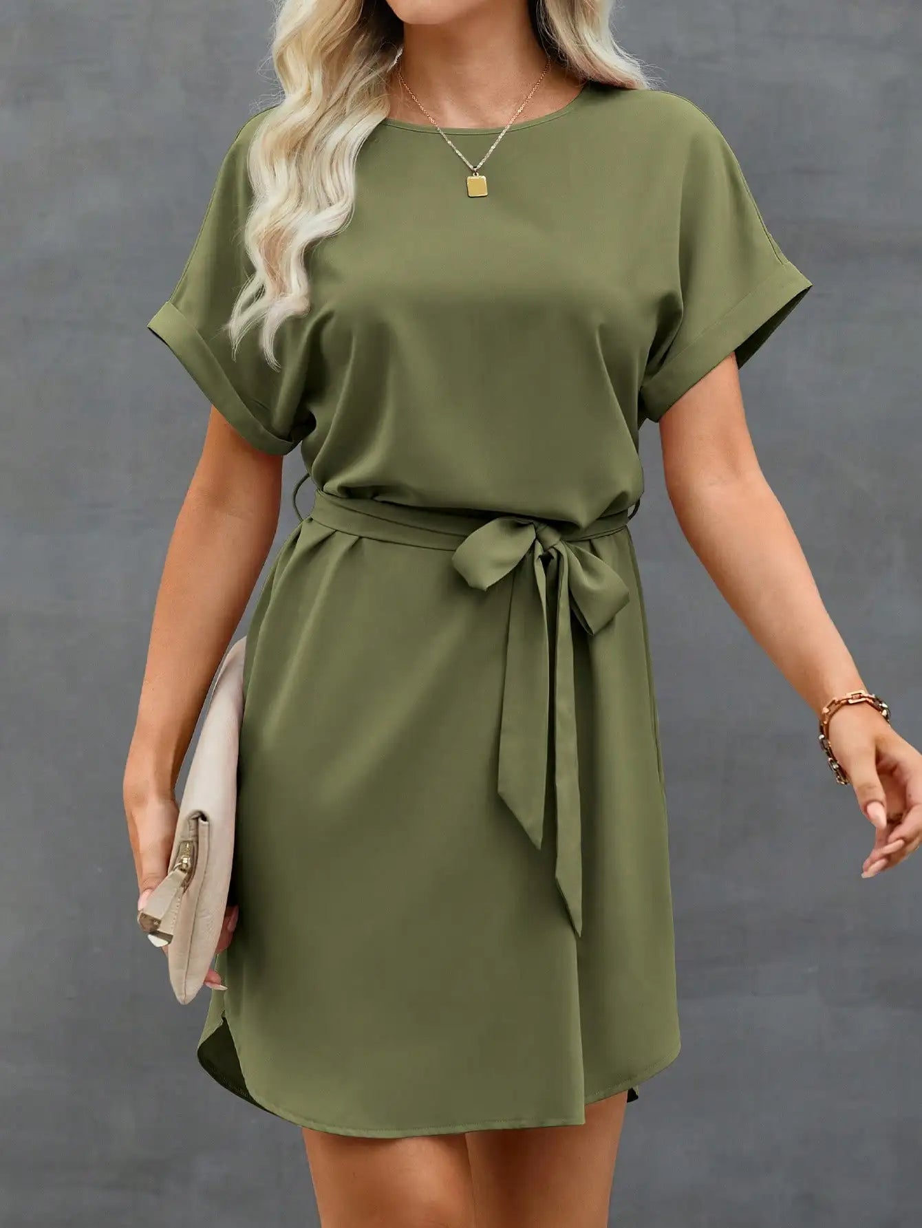 Batwing Sleeve Waist Tie Mini Dress with Relaxed A-Line Silhouette