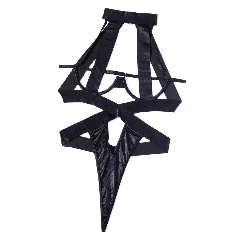 Bold Black Strappy Cage Bodysuit with O-Ring Hardware