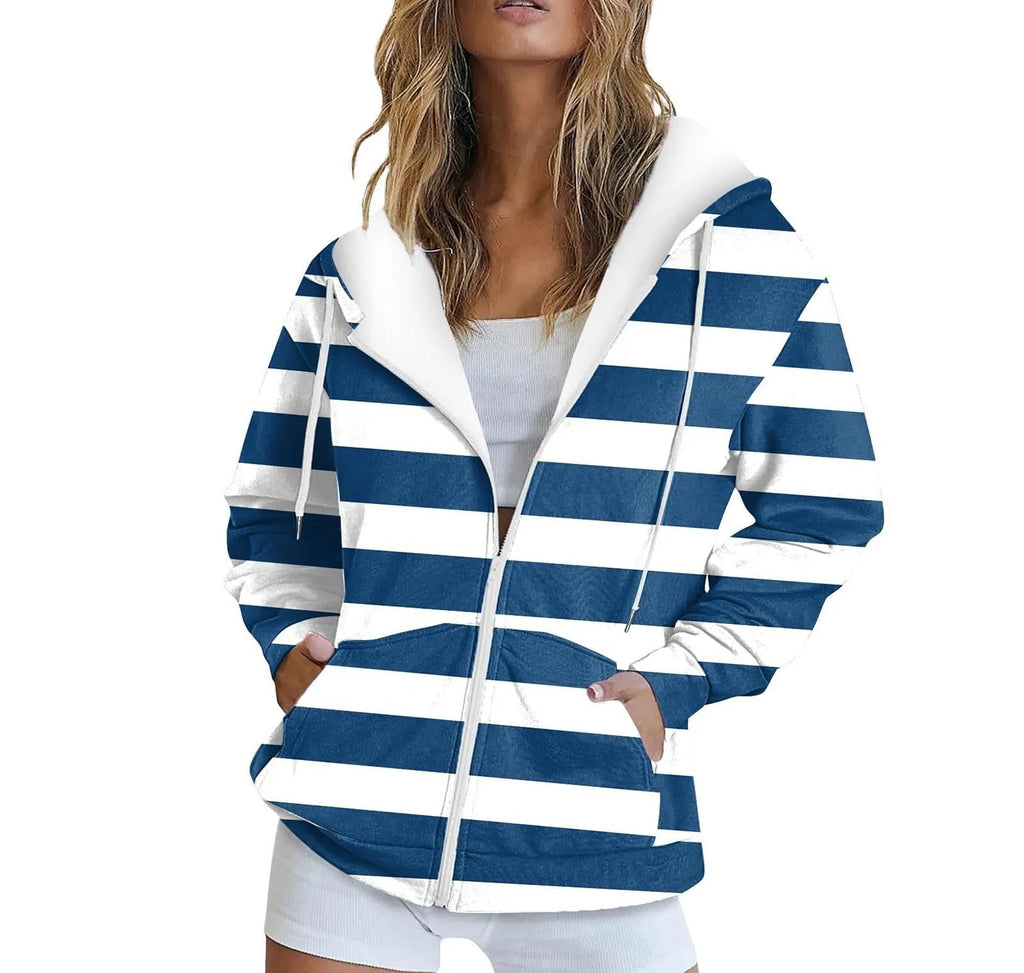 Classic Striped Zip-Up Hooded Sweatshirt with Relaxed Fit for Casual Everyday Streetwear