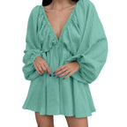 Deep V Neck Pleated Maxi Dress with Flowing Long Sleeves