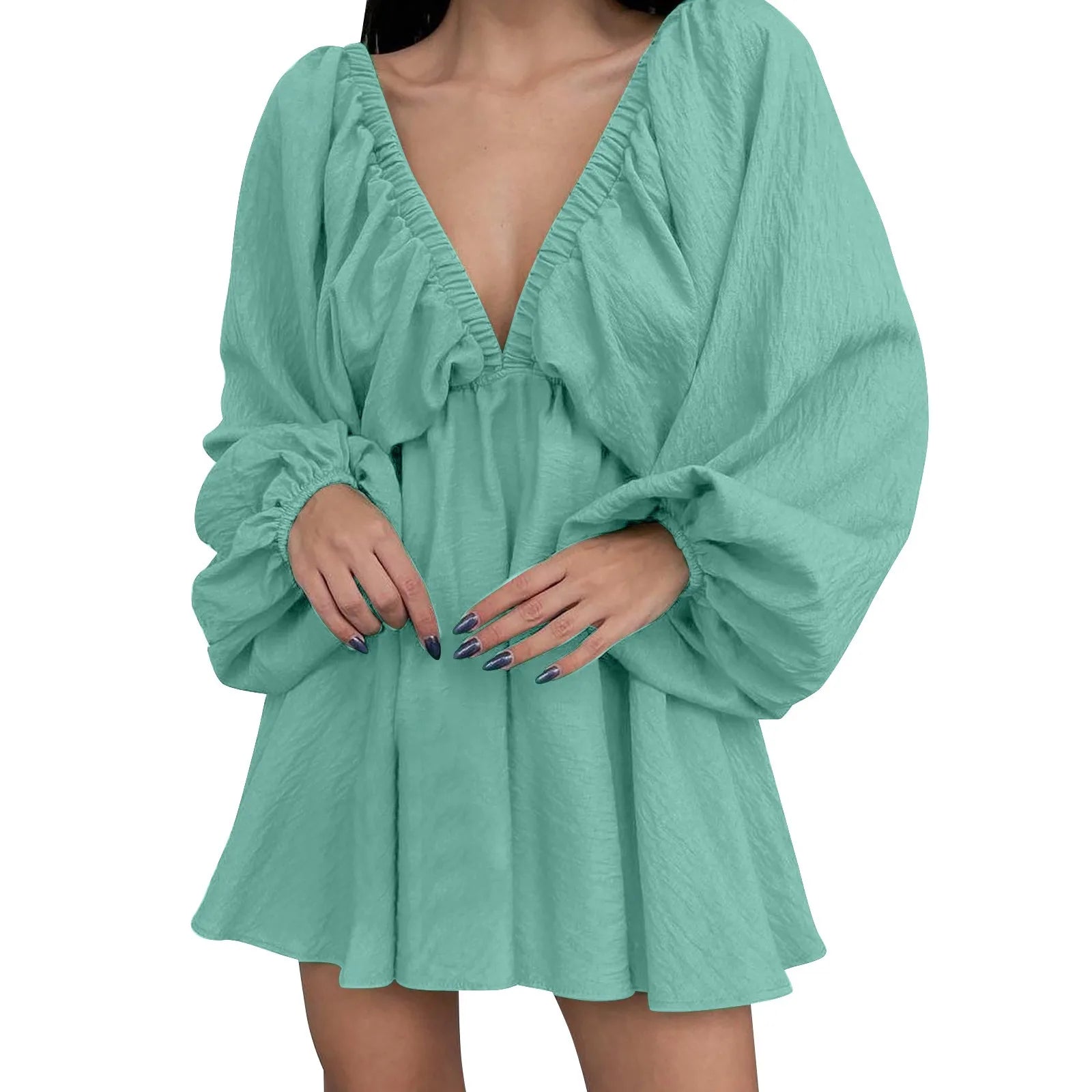 Deep V Neck Pleated Maxi Dress with Flowing Long Sleeves