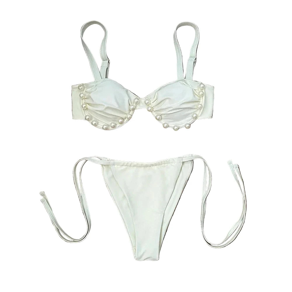 Cream Ruched Underwire-Style Bikini with Pearl-Inspired Embellishments and Tie-Side Bottoms