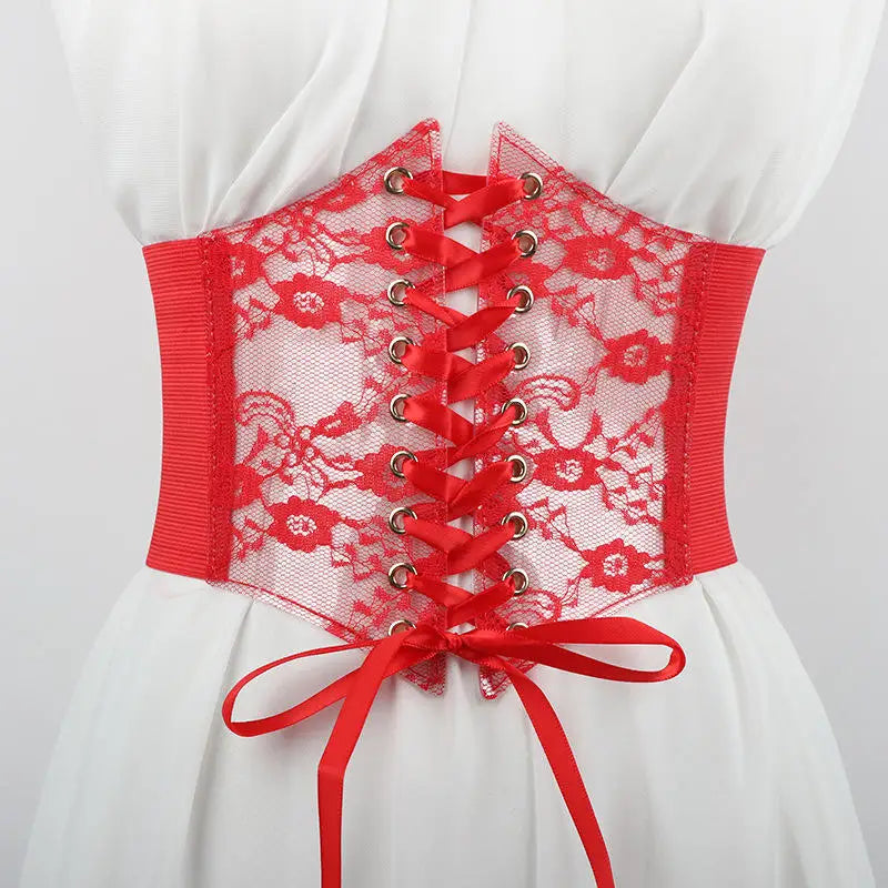Floral Embroidered Lace-Up Waist Corset Belt with Structured Wide Fit