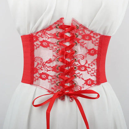 Floral Embroidered Lace-Up Waist Corset Belt with Structured Wide Fit