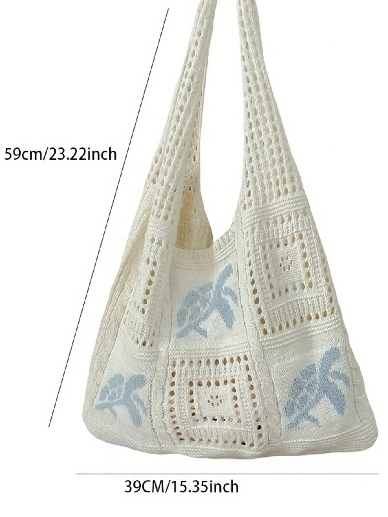 Crochet Knit Beach Tote Bag with Embroidered Coastal Inspired Pattern