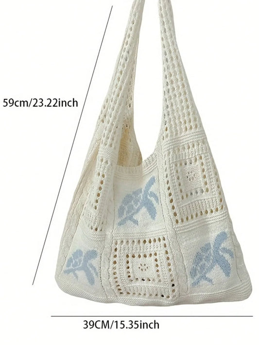 Crochet Knit Beach Tote Bag with Embroidered Coastal Inspired Pattern