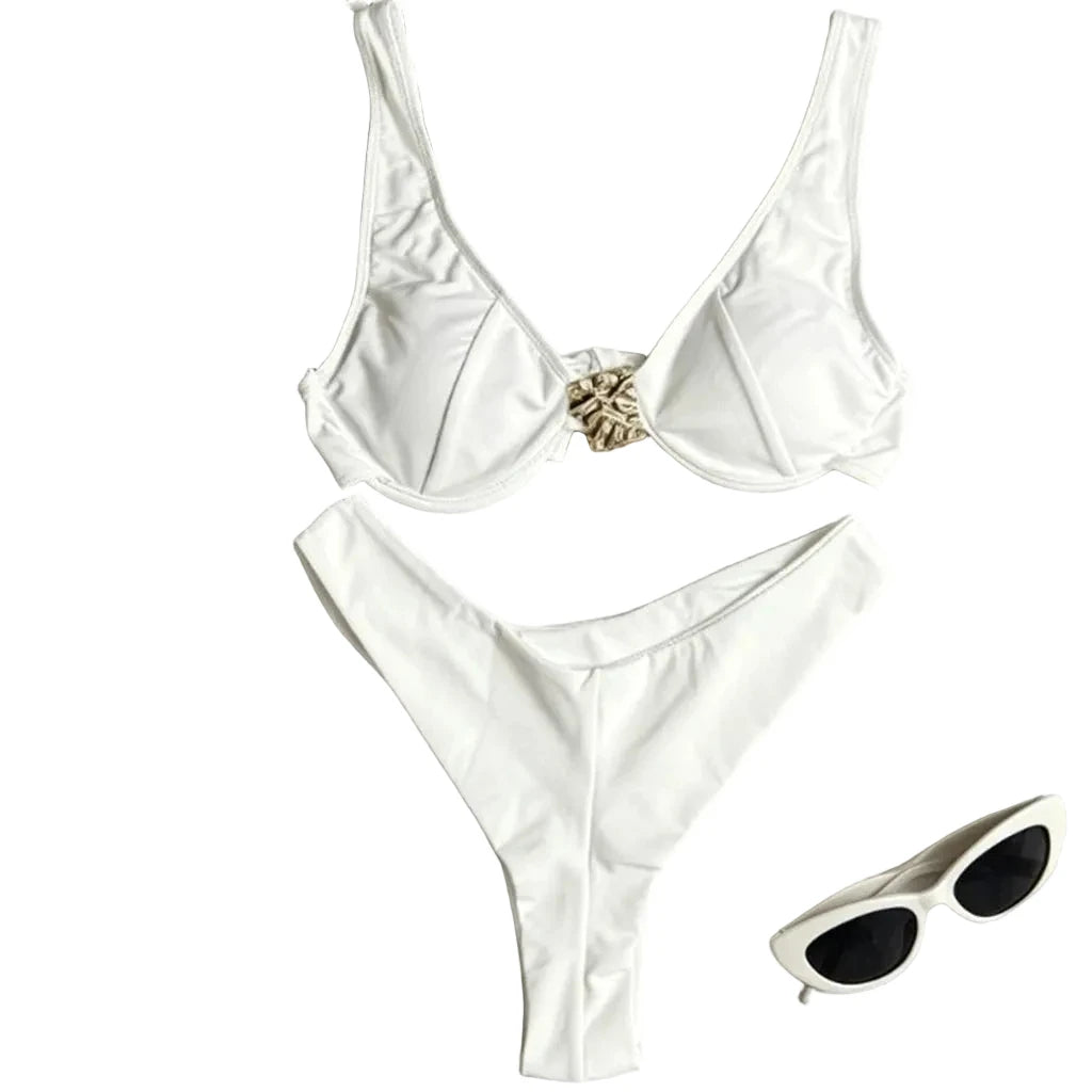 Structured White Underwire Bikini Set with Gold-Tone Hardware and High-Cut Bottoms