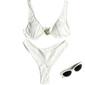 Structured White Underwire Bikini Set with Gold-Tone Hardware and High-Cut Bottoms