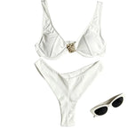 Structured White Underwire Bikini Set with Gold-Tone Hardware and High-Cut Bottoms