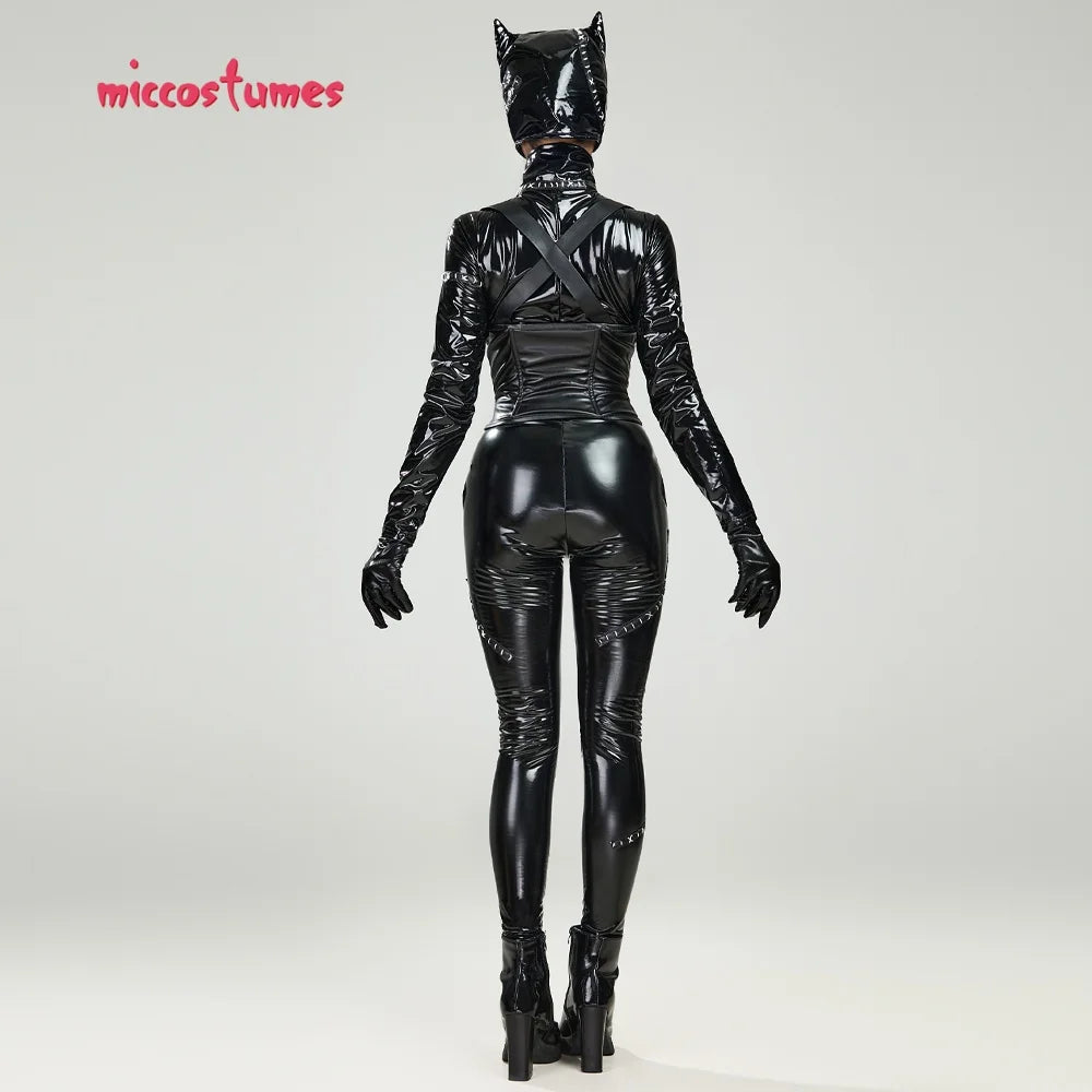 Women's Zip Front Faux Leather Catsuit with Corset, Gloves and Hooded Headpiece Set