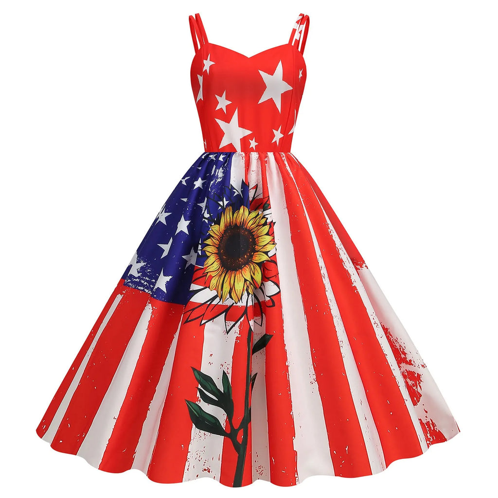 American Flag Print Retro A-Line Swing Dress with Sweetheart Neckline