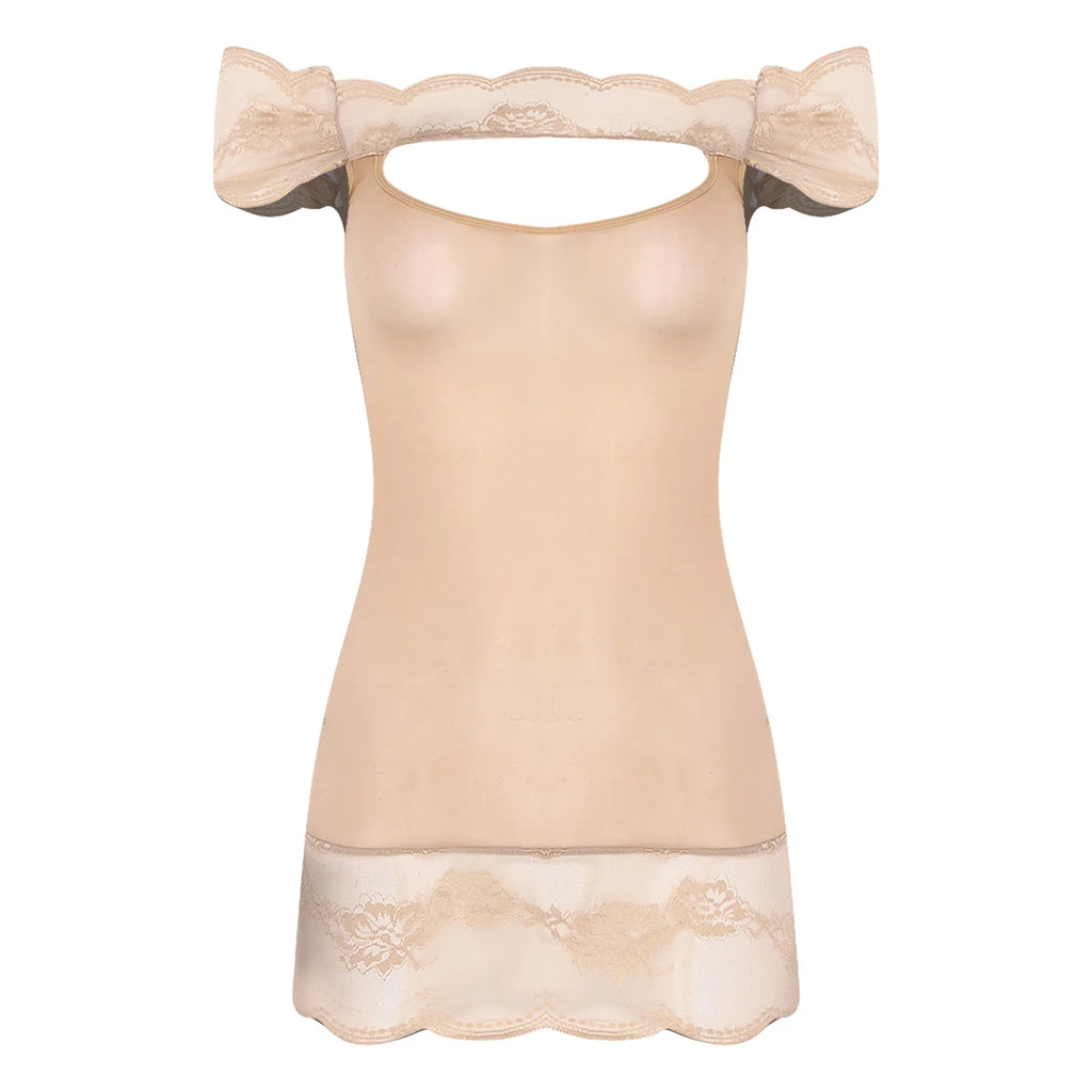 Vibrant Red Off-the-Shoulder Chemise with Chest Cutout and Lace Trim