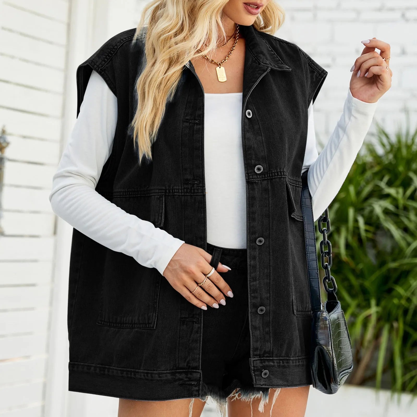 Women's Oversized Sleeveless Utility Vest with Button Front Layered Design