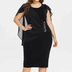 Elegant Burgundy Sheath Dress with Asymmetrical Chiffon-Style Overlay and Ruched Detailing