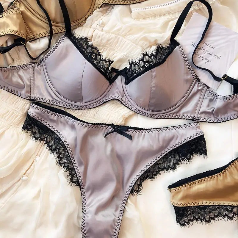 Vibrant Magenta Satin-Finish Wire-Free Bra and Panty Set with Black Lace Trim