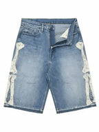 Men's Vintage Washed Denim Shorts with Relaxed Fit and Embroidered Streetwear Style